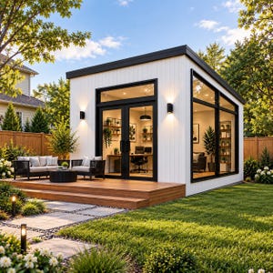 May include: A white garden studio with black frames, large glass windows, and double doors. The structure features a wooden deck with outdoor seating, including a sofa and chairs. The interior is visible, showing a desk, chair, and shelving units.