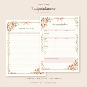 Op de afbeelding: Een printbare budgetplanner set getiteld Suely Aurea Budgetplanner De bloemeneditie. Twee pagina's met bloemenranden, roze pioenen, strikjes en tabellen voor het bijhouden van uitgaven en maandbudgetten in het Nederlands.