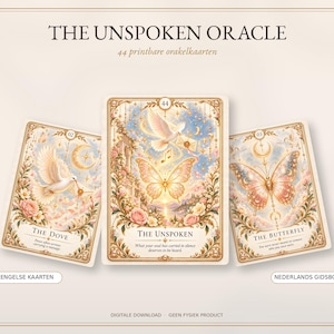 Op de afbeelding: Een set orakelkaarten getiteld The Unspoken Oracle, bestaande uit drie kaarten met sierlijke gouden randen en illustraties van duiven, vlinders, bloemen en hemelse elementen. De kaarten bevatten de tekst The Dove, The Unspoken en The Butterfly.
