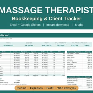 Buchhaltungstabelle für Massagetherapeuten, Kundenverwaltung, Einnahmen- und Ausgabenprotokoll, Google Sheets Excel