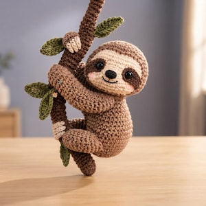 May include: A crocheted sloth toy with light brown fur, dark brown eye patches, and black safety eyes, clinging to a dark brown crocheted tree branch. The branch features several small, textured green leaves and light beige claws on the sloth.