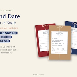 May include: Three printable book covers in red, tan, and navy blue, each featuring a white label with the text Blind Date with a Book, a bow graphic, and fillable fields for genre, description, and rating, presented as a digital PDF set.