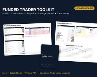 May include: A digital toolkit for traders featuring a Prop-Firm Challenge Planner, a Performance Dashboard with an equity curve graph, and a 30-Day Trading Journal. The dark blue interface includes text labels for position sizing and trade tracking.