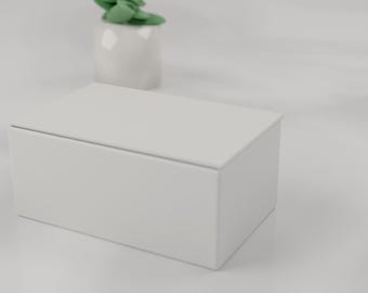 May include: A solid white rectangular box with a flat lid sits in the foreground. Behind the box, a small white ceramic pot contains a green succulent plant with rounded leaves. The objects are positioned on a smooth, light-colored surface.