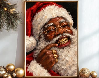Zwart kerstportret van een kerstman met gouden tanden, vintage streetwear-stijl (digitale download)