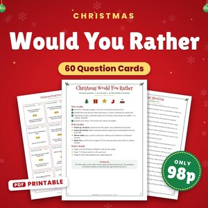 Puede incluir: Un juego de cartas Christmas Would You Rather con 60 preguntas en formato PDF imprimible. El fondo rojo muestra texto blanco, adornos festivos e instrucciones de juego, incluyendo cómo usar las tarjetas y listas para fiestas.