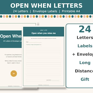 May include: A set of printable A4 stationery for 24 open when letters, featuring teal headers and cream paper. The text includes Open When Letters, 24 Letters, Envelope Labels, and prompts like Open when you miss me with lined writing space.