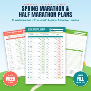 Spring Marathon Training Plan 2027 Printable, Full and Half Marathon Plans in Miles, Editable Running Planner and Run Log, A4 PDF
