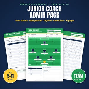 Peut inclure: Un pack administratif pour entraîneur junior de football, imprimable au format A4, comprenant 14 pages. Il inclut des feuilles d'équipe, un planificateur de remplaçants, un registre et des listes de contrôle avec des mises en page vertes et blanches.