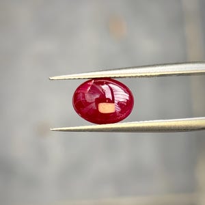 May include: A deep red, oval-shaped gemstone with a smooth, polished cabochon surface held by silver-toned metal tweezers. The stone exhibits a rich, saturated crimson hue with a distinct light reflection visible on its rounded top.