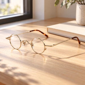 Puede incluir: Gafas de metal en tono dorado con monturas redondas y lentes transparentes. Las varillas de alambre fino terminan en puntas de acetato con patrón de carey marrón, creando un contraste con la estructura metálica del marco.