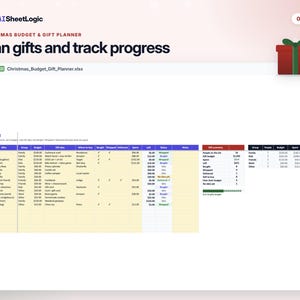 Actual Christmas Budget & Gift Planner gift list screenshot in Google Sheets with sample data. Gift list excerpt with budgets, purchases and wrapping status.