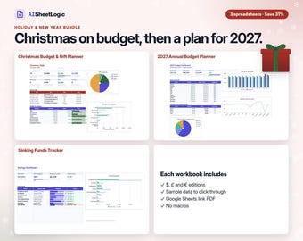 Weihnachtsbudgetplaner und Budgettabellen-Paket für 2027, Weihnachtsgeschenkeliste, Rücklagen, 52-Wochen-Sparplan, Google Tabellen & Excel