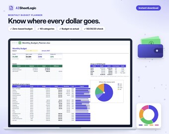 Könnte beinhalten: Eine digitale monatliche Budgetplaner-Tabelle auf einem Laptop-Bildschirm mit Einkommen, Ausgabenkategorien, einem 50/30/20-Leitfaden und einem Kreisdiagramm. Die Benutzeroberfläche enthält Textbeschriftungen wie AISheetLogic und Monthly Budget.