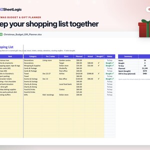 Actual Christmas Budget & Gift Planner shopping screenshot in Google Sheets with sample data. Shopping list excerpt with quantities, costs and purchase status.