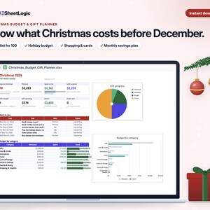 Actual Christmas Budget & Gift Planner dashboard screenshot in Google Sheets with sample data. Holiday spending, gift progress and upcoming tasks.