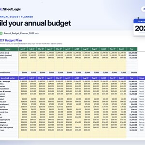 Actual 2027 Annual Budget Planner budget plan screenshot in Google Sheets with sample data. Income and category budgets across all twelve months.