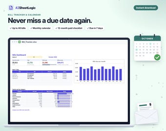 Könnte beinhalten: Eine digitale Rechnungs- und Kalender-Tabellenkalkulation auf einem Laptop-Bildschirm. Die Benutzeroberfläche umfasst ein Rechnungs-Dashboard, ein Balkendiagramm für monatliche Fälligkeiten und eine Tabelle der jährlichen Kosten nach Kategorien. Ein Oktober-Kalendersymbol und ein Umschlag mit einer Rechnung sind zu sehen.