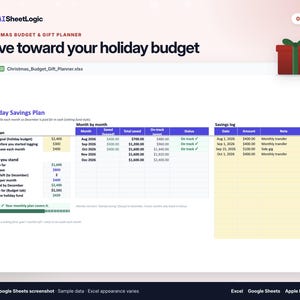Actual Christmas Budget & Gift Planner savings screenshot in Google Sheets with sample data. Monthly savings targets and sample savings entries.