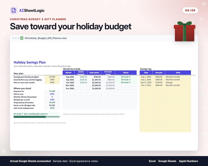 Actual Christmas Budget & Gift Planner savings screenshot in Google Sheets with sample data. Monthly savings targets and sample savings entries.