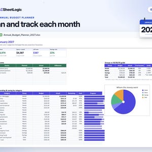 Actual 2027 Annual Budget Planner jan screenshot in Google Sheets with sample data. January example: income, spending categories and savings.