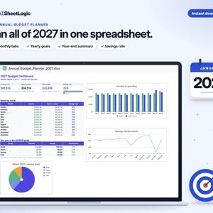 Actual 2027 Annual Budget Planner dashboard screenshot in Google Sheets with sample data. Monthly results, yearly totals and the actual dashboard charts.