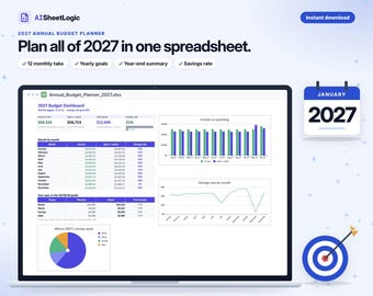 Könnte beinhalten: Eine digitale 2027 Jahresbudgetplaner-Tabellenkalkulation auf einem Laptop-Bildschirm. Die Benutzeroberfläche zeigt ein Budget-Dashboard mit monatlichen Einnahmen- und Ausgabentabellen, Balkendiagrammen und einem Kreisdiagramm.