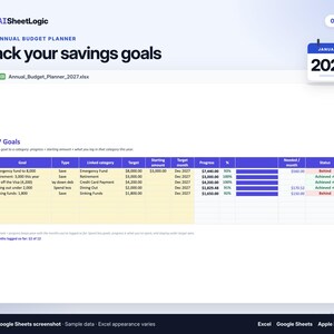 Actual 2027 Annual Budget Planner goals screenshot in Google Sheets with sample data. Targets, monthly contributions and progress with sample goals.