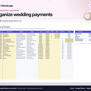 Actual Wedding Budget & Planner payments screenshot in Google Sheets with sample data. Payment schedule excerpt with dates, amounts and status.