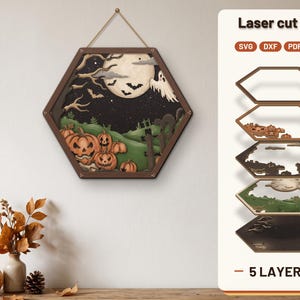 Halloween Pumpkin Patch SVG, Layered Laser Cut File for Glowforge & xTool, Jack O Lantern Ghost Full Moon Hexagon Sign, 5 Layer Wood Sign