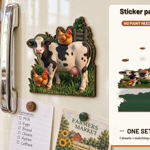 Paquete de imanes adhesivos de vacas y gallinas en un pasto para corte láser, no necesita pintura, impresión UV.
