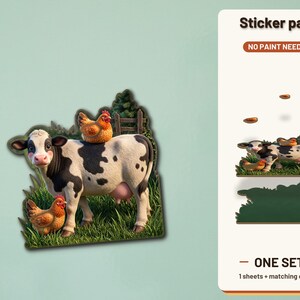 Paquete de imanes adhesivos de vacas y gallinas en un pasto para corte láser, no necesita pintura, impresión UV.