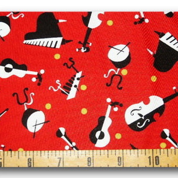 Music Instruments on Red - Fabric By The Yard