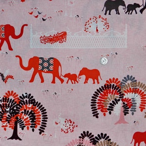 Peacock Lane Red Elephants on Pink - Fabric By The Yard