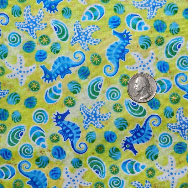 Seahorse Gems of the Sea with Blue Starfish - Fabric By The Yard - H