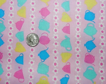 Tea Cup Stripes on Pink - Fabric By The Half Yard  - H