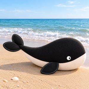 May include: A plush whale toy featuring a black upper body and a cream-colored underbelly. The whale has a rounded head, a single visible white eye with a black pupil, a black side fin, and a black tail fin with white stitching.