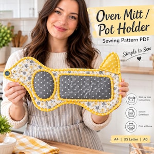 May include: A dog-shaped oven mitt and pot holder sewing pattern PDF. The fabric features a yellow floral print, gray polka dots, and yellow polka dot accents. Text includes Oven Mitt / Pot Holder, Sewing Pattern PDF, Simple to Sew.