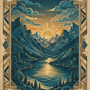 Könnte beinhalten: Ein rechteckiger Kunstdruck mit einer Berglandschaft, einem zentralen See, einer aufgehenden Sonne und Kiefern. Die Szene ist von einem dekorativen geometrischen Rahmen mit beigen und dunkelblauen Linien umgeben.