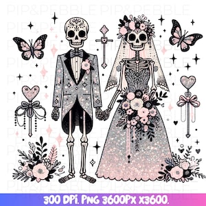 Gothic Skeleton Wedding Clipart, Bride and Groom Skull PNG, Dark Romance Halloween Art, Glitter Digital Download Transparent, Tshirt Png