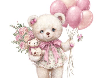 8 Floral Balloon Teddy Bear Clipart: Pink Animal PNG (Digital Download)