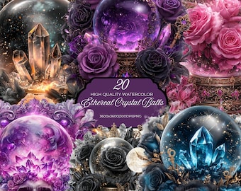 May include: A collection of watercolor crystal balls in various colors, including purple, pink, and black. Each ball is surrounded by roses and crystals. The image includes text that reads "20 High Quality Watercolor Ethereal Crystal Balls."
