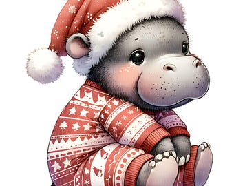 Christmas Pygmy Hippo Clipart Bundle, Holiday Animals PNG (Digital Download)