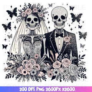 Gothic Skeleton Wedding Clipart, Bride and Groom Skull PNG, Dark Romance Halloween Art, Glitter Digital Download Transparent, Tshirt Png