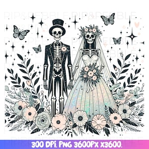 Floral Gothic Skeleton Wedding Clipart, Bride and Groom Skull PNG, Dark Romance Halloween Art, Glitter Digital Download Transparent
