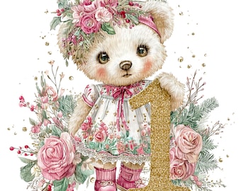 8 Floral Birthday Bear Clipart: Vintage Teddy 1st Birthday PNG (Digital Download)