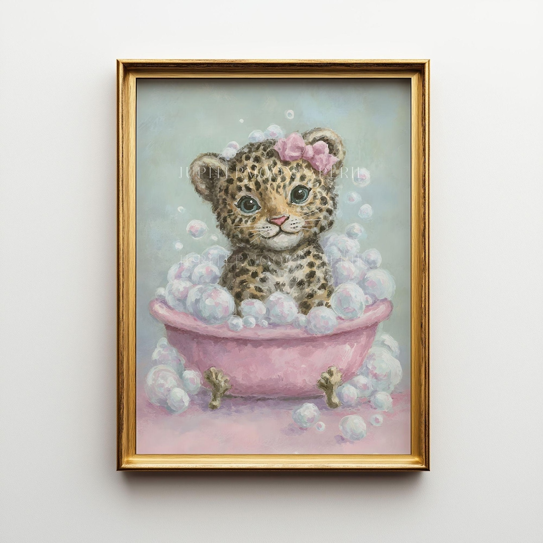Pastel Leopard Cub Bath Art Print, Whimsical Nursery Decor (digital ...