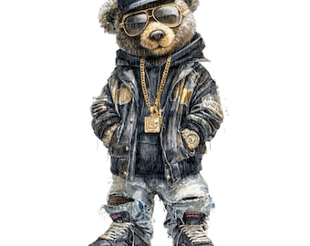 Clipart acquerello di orsacchiotto hip hop, streetwear PNG (download digitale)