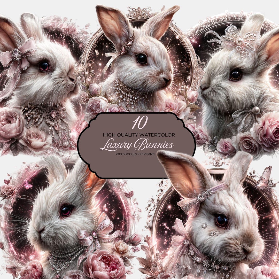 Luxury Watercolor Bunny Clipart Bundle, Coquette Easter Floral Graphics ...