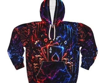 All In Poker Hoodie, Neon Ace of Spades All Over Print, Card Player Gift